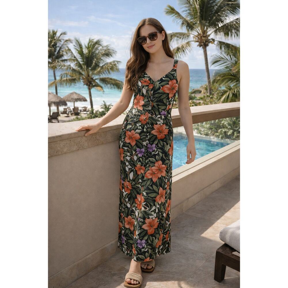 Jamie Brooke Tropical Floral Button Front Midi Dress Size 10 Vintage 90s Cottage